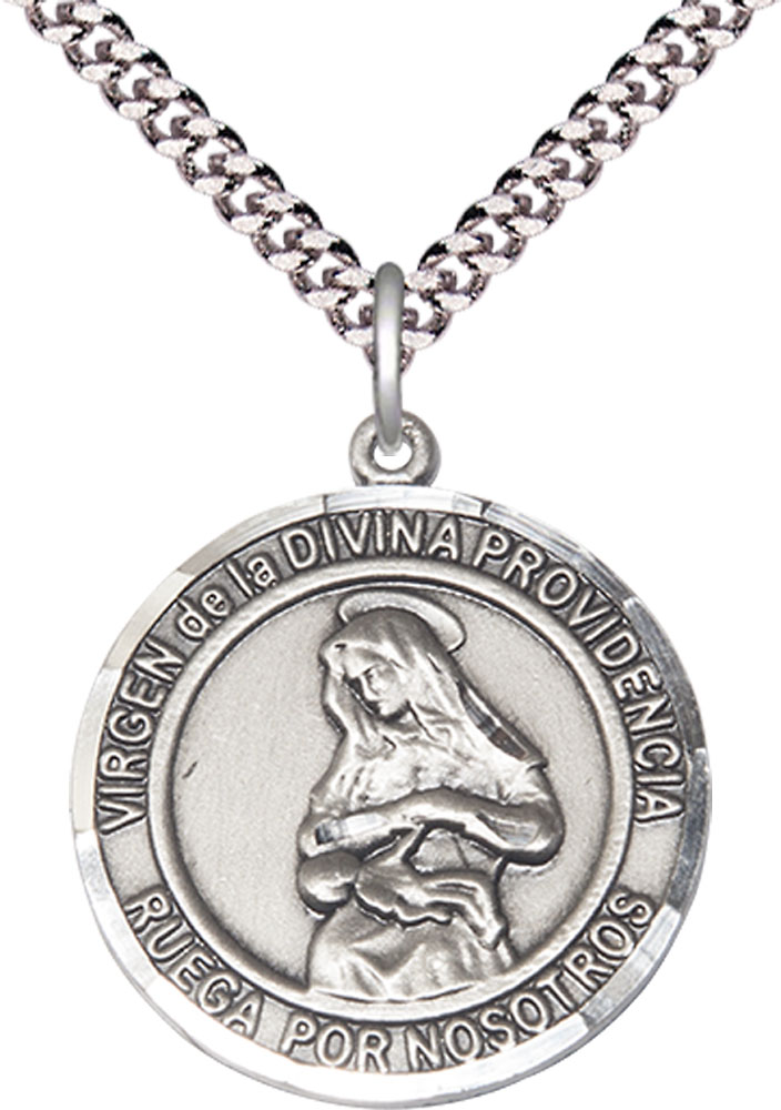 Sterling Silver Virgen Divina Providencia Pendant on a 24 inch Light Rhodium Heavy Curb chain