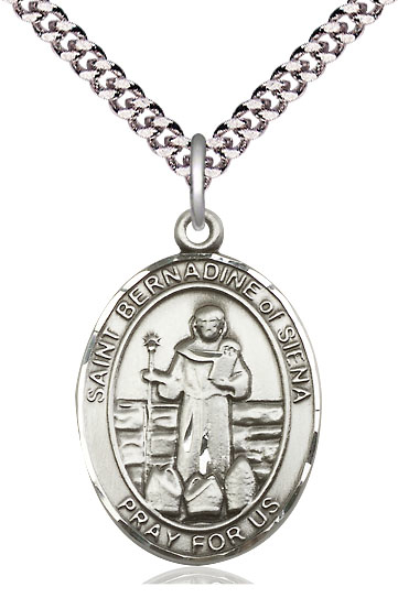 Sterling Silver Saint Bernadine of Sienna Pendant on a 24 inch Light Rhodium Heavy Curb chain