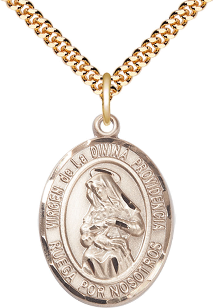 14kt Gold Filled Virgen de la Divina Pendant on a 24 inch Gold Plate Heavy Curb chain