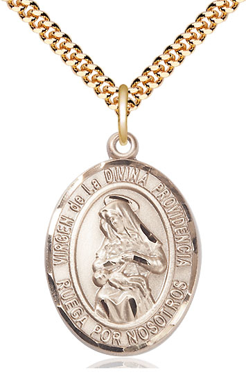 14kt Gold Filled Virgen de la Divina Pendant on a 24 inch Gold Plate Heavy Curb chain