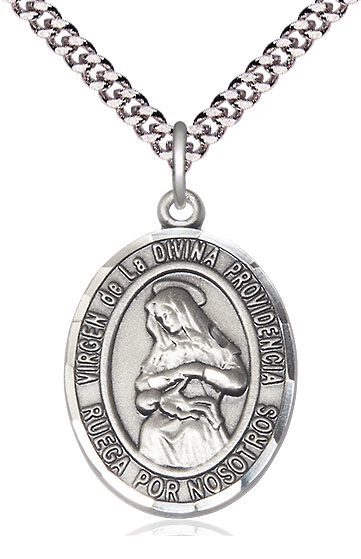 Sterling Silver Virgen de la Divina Pendant on a 24 inch Light Rhodium Heavy Curb chain