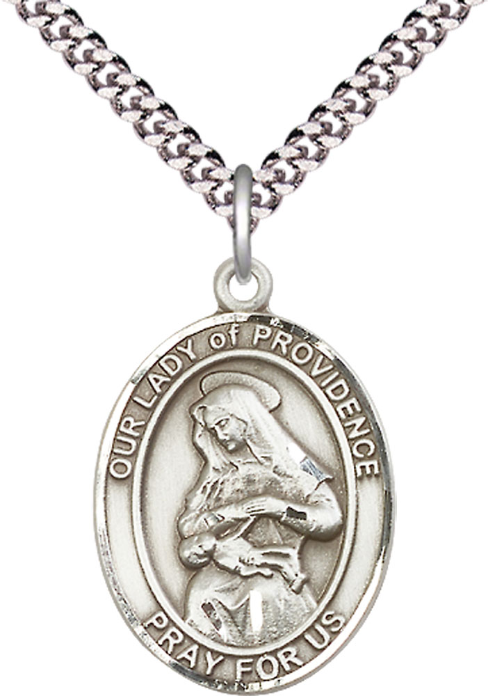 Sterling Silver Our Lady of Providence Pendant on a 24 inch Light Rhodium Heavy Curb chain