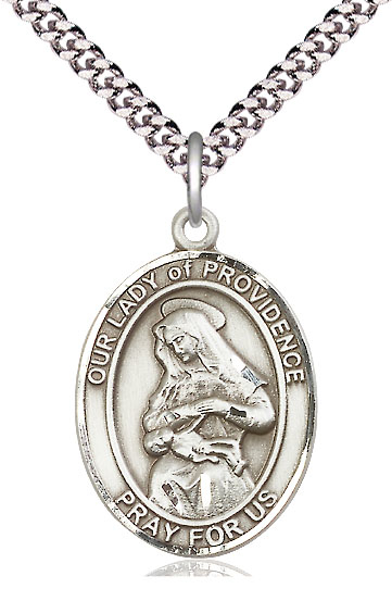 Sterling Silver Our Lady of Providence Pendant on a 24 inch Light Rhodium Heavy Curb chain