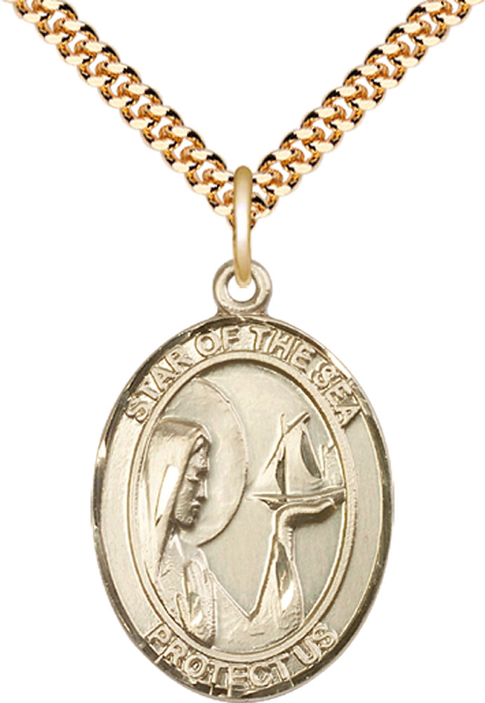 14kt Gold Filled Our Lady Star of the Sea Pendant on a 24 inch Gold Plate Heavy Curb chain