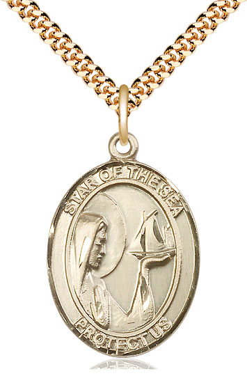 14kt Gold Filled Our Lady Star of the Sea Pendant on a 24 inch Gold Plate Heavy Curb chain