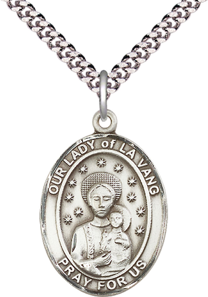 Sterling Silver Our Lady of la Vang Pendant on a 24 inch Light Rhodium Heavy Curb chain