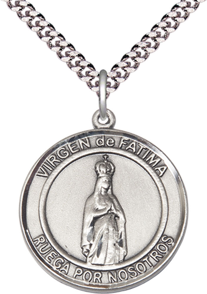 Sterling Silver Virgen de Fatima Pendant on a 24 inch Light Rhodium Heavy Curb chain