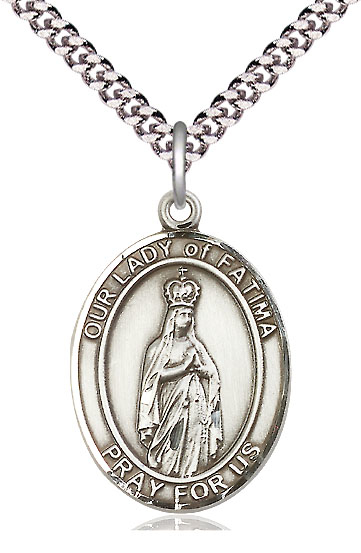 Sterling Silver Our Lady of Fatima Pendant on a 24 inch Light Rhodium Heavy Curb chain