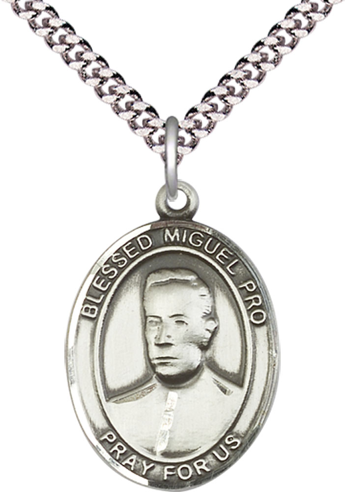 Sterling Silver Blessed Miguel Pro Pendant on a 24 inch Light Rhodium Heavy Curb chain