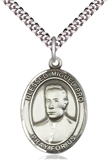Sterling Silver Blessed Miguel Pro Pendant on a 24 inch Light Rhodium Heavy Curb chain