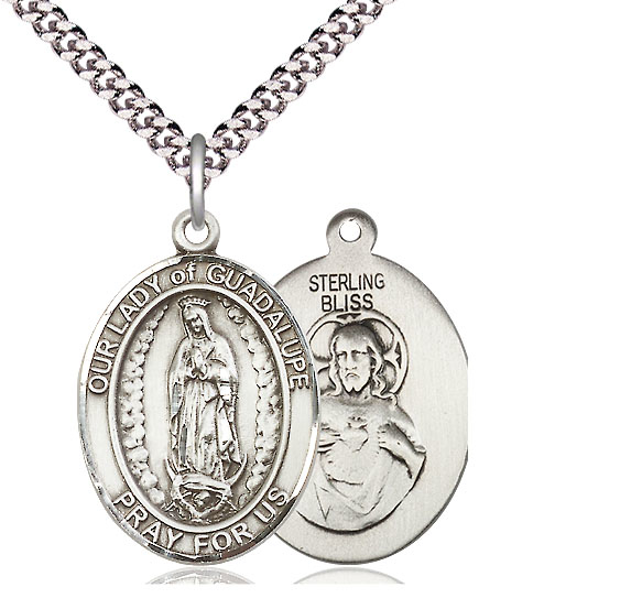 Sterling Silver Our Lady of Guadalupe Pendant on a 24 inch Light Rhodium Heavy Curb chain