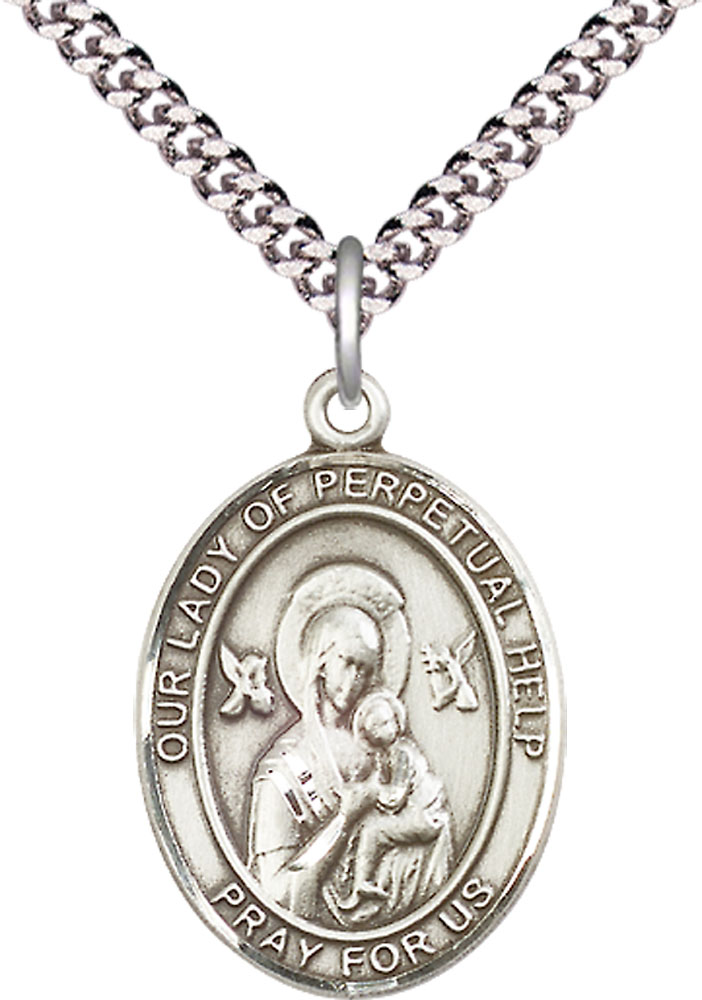 Sterling Silver Our Lady of Perpetual Help Pendant on a 24 inch Light Rhodium Heavy Curb chain