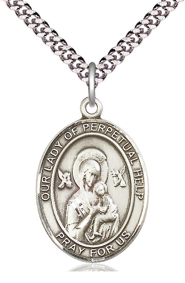 Sterling Silver Our Lady of Perpetual Help Pendant on a 24 inch Light Rhodium Heavy Curb chain