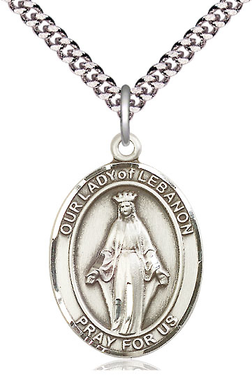 Sterling Silver Our Lady of Lebanon Pendant on a 24 inch Light Rhodium Heavy Curb chain