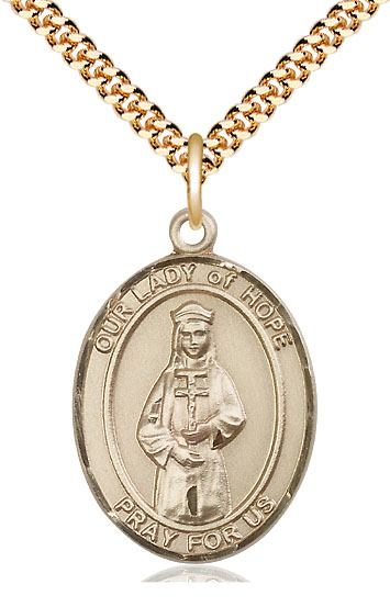 14kt Gold Filled Our Lady of Hope Pendant on a 24 inch Gold Plate Heavy Curb chain