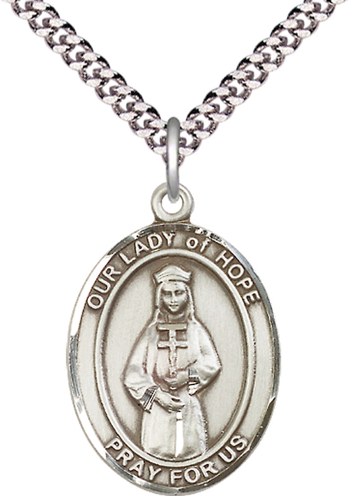 Sterling Silver Our Lady of Hope Pendant on a 24 inch Light Rhodium Heavy Curb chain