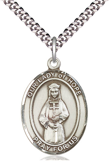 Sterling Silver Our Lady of Hope Pendant on a 24 inch Light Rhodium Heavy Curb chain