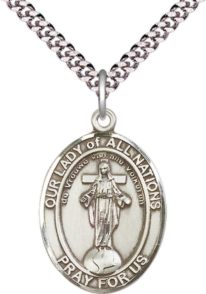 Sterling Silver Our Lady of All Nations Pendant on a 24 inch Light Rhodium Heavy Curb chain