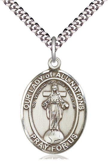 Sterling Silver Our Lady of All Nations Pendant on a 24 inch Light Rhodium Heavy Curb chain