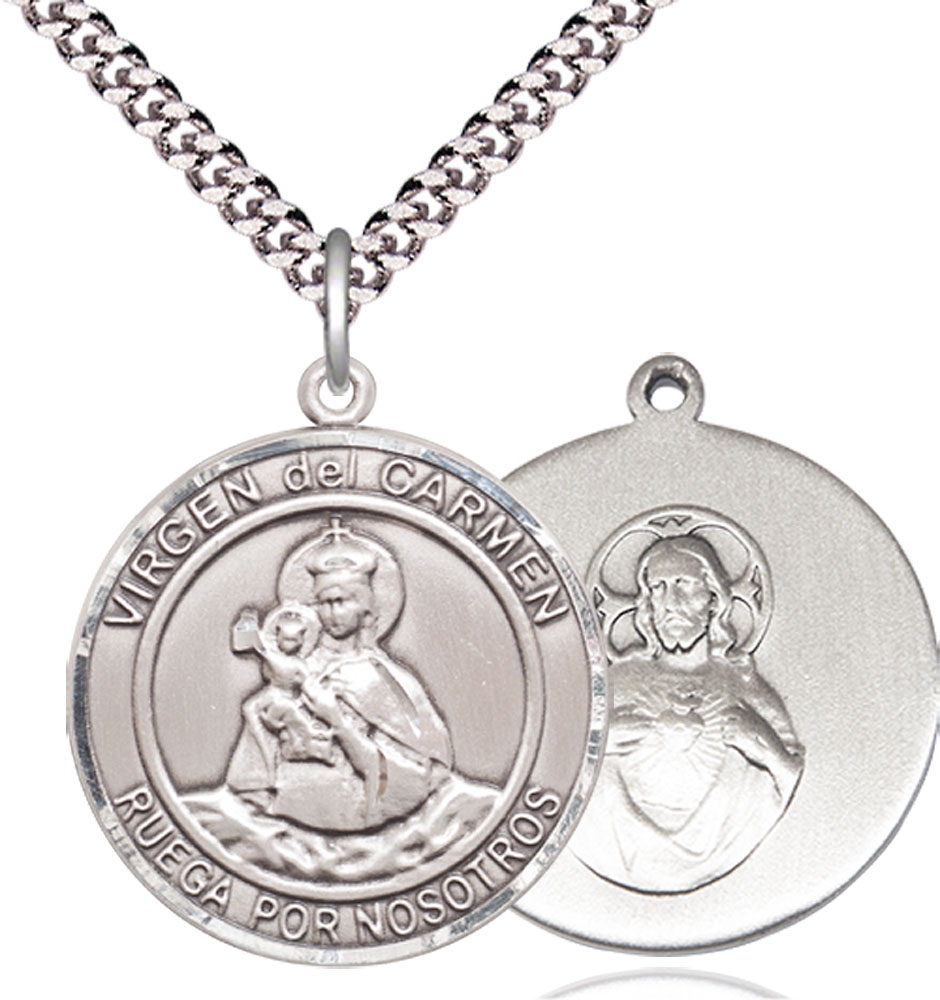 Sterling Silver Virgen del Carmen Pendant on a 24 inch Light Rhodium Heavy Curb chain