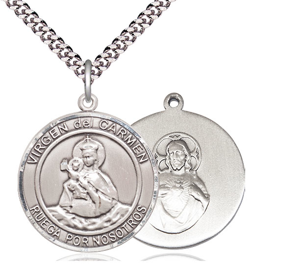 Sterling Silver Virgen del Carmen Pendant on a 24 inch Light Rhodium Heavy Curb chain