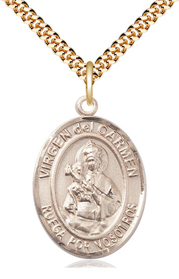 14kt Gold Filled Virgen del Carmen Pendant on a 24 inch Gold Plate Heavy Curb chain