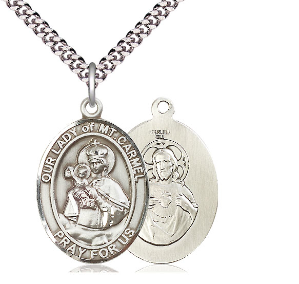 Sterling Silver Our Lady of Mount Carmel Pendant on a 24 inch Light Rhodium Heavy Curb chain