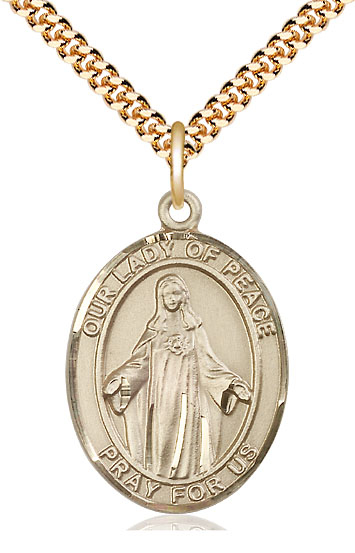 14kt Gold Filled Our Lady of Peace Pendant on a 24 inch Gold Plate Heavy Curb chain