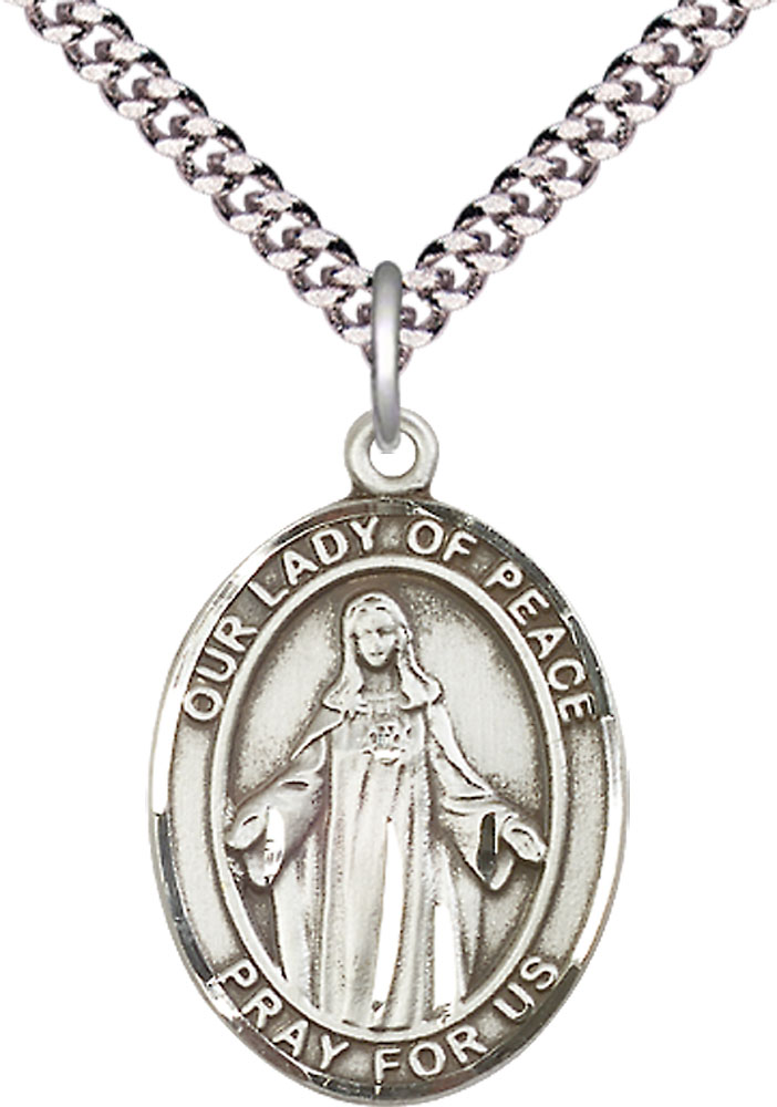 Sterling Silver Our Lady of Peace Pendant on a 24 inch Light Rhodium Heavy Curb chain