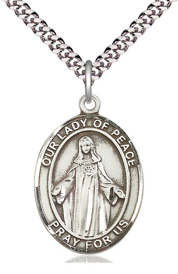 Sterling Silver Our Lady of Peace Pendant on a 24 inch Light Rhodium Heavy Curb chain