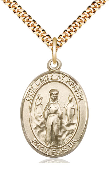 14kt Gold Filled Our Lady of Knock Pendant on a 24 inch Gold Plate Heavy Curb chain