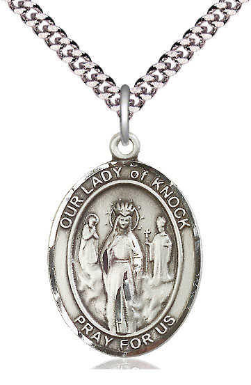 Sterling Silver Our Lady of Knock Pendant on a 24 inch Light Rhodium Heavy Curb chain