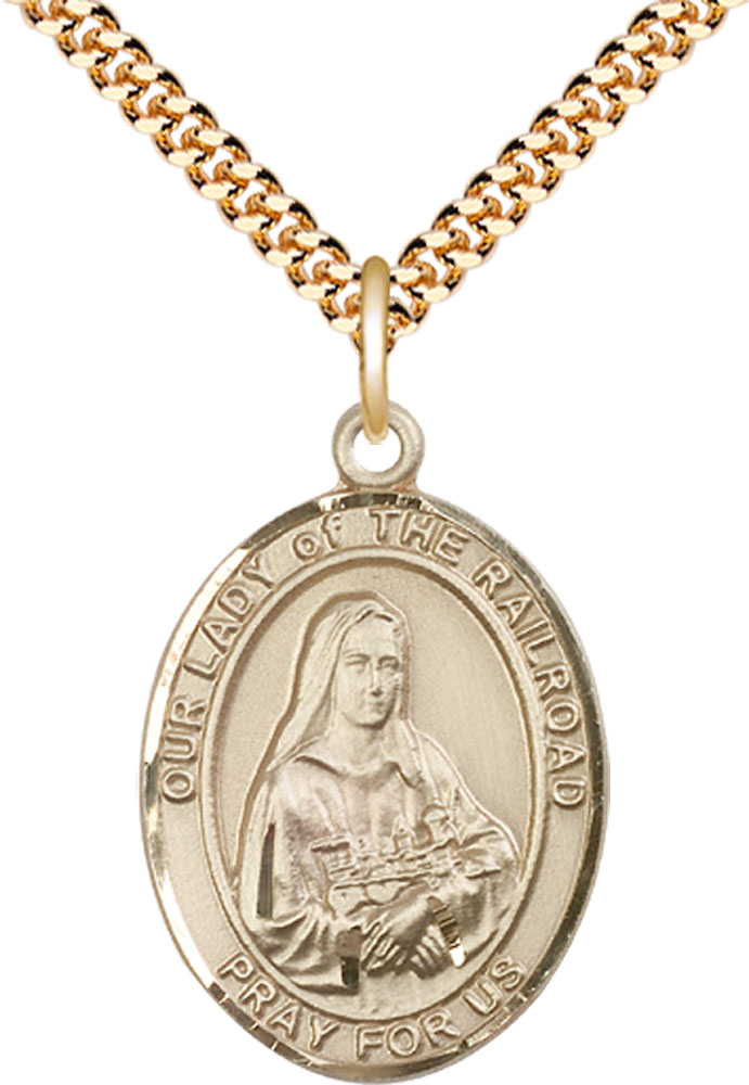 14kt Gold Filled Our Lady of the Railroad Pendant on a 24 inch Gold Plate Heavy Curb chain