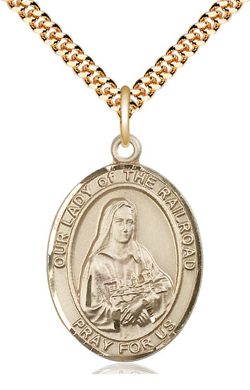 14kt Gold Filled Our Lady of the Railroad Pendant on a 24 inch Gold Plate Heavy Curb chain