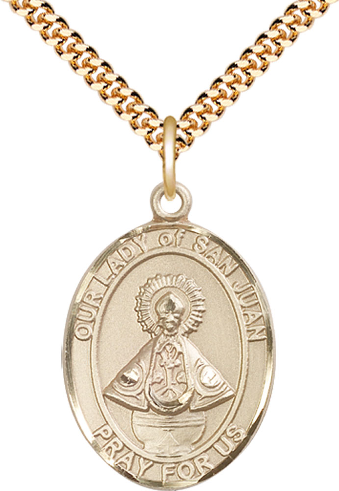14kt Gold Filled Our Lady of San Juan Pendant on a 24 inch Gold Plate Heavy Curb chain