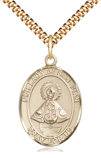 14kt Gold Filled Our Lady of San Juan Pendant on a 24 inch Gold Plate Heavy Curb chain