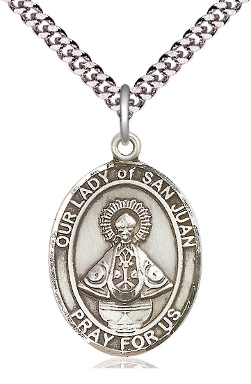 Sterling Silver Our Lady of San Juan Pendant on a 24 inch Light Rhodium Heavy Curb chain