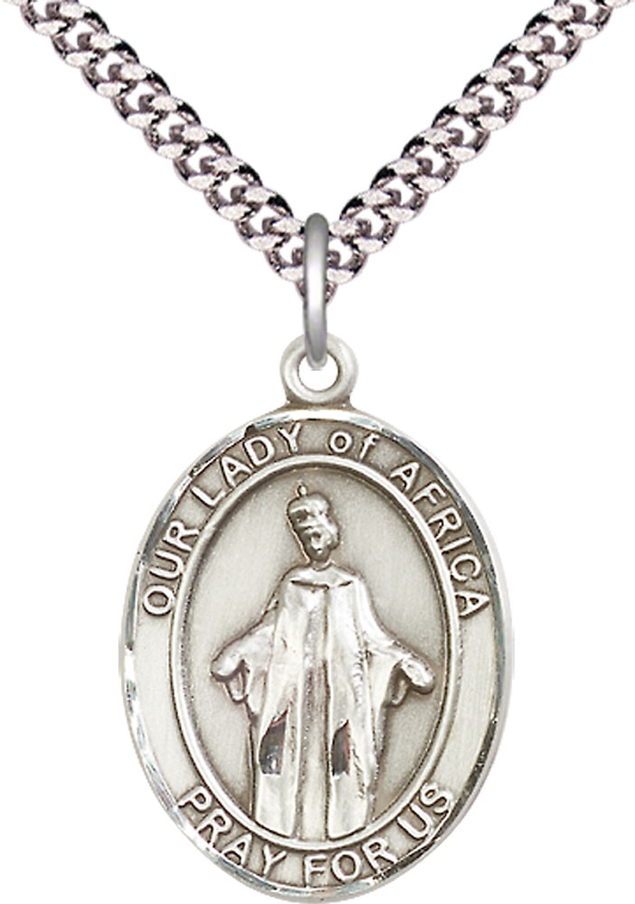 Sterling Silver Our Lady of Africa Pendant on a 24 inch Light Rhodium Heavy Curb chain