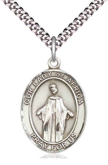 Sterling Silver Our Lady of Africa Pendant on a 24 inch Light Rhodium Heavy Curb chain