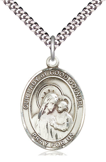 Sterling Silver Our Lady of Good Counsel Pendant on a 24 inch Light Rhodium Heavy Curb chain