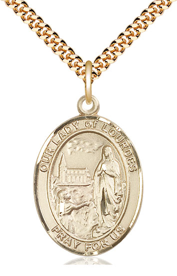 14kt Gold Filled Our Lady of Lourdes Pendant on a 24 inch Gold Plate Heavy Curb chain