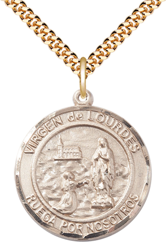 14kt Gold Filled Virgen de Lourdes Pendant on a 24 inch Gold Plate Heavy Curb chain