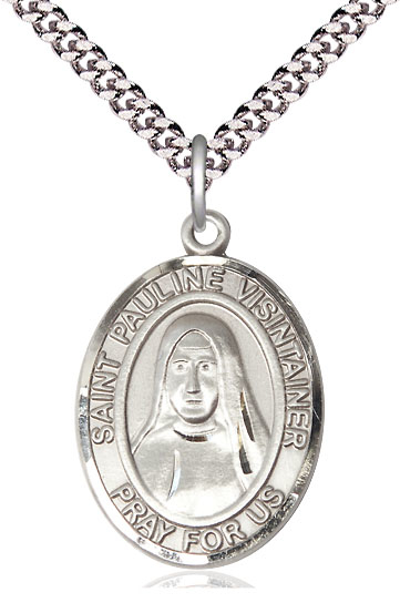 Sterling Silver Saint Pauline Visintainer Pendant on a 24 inch Light Rhodium Heavy Curb chain