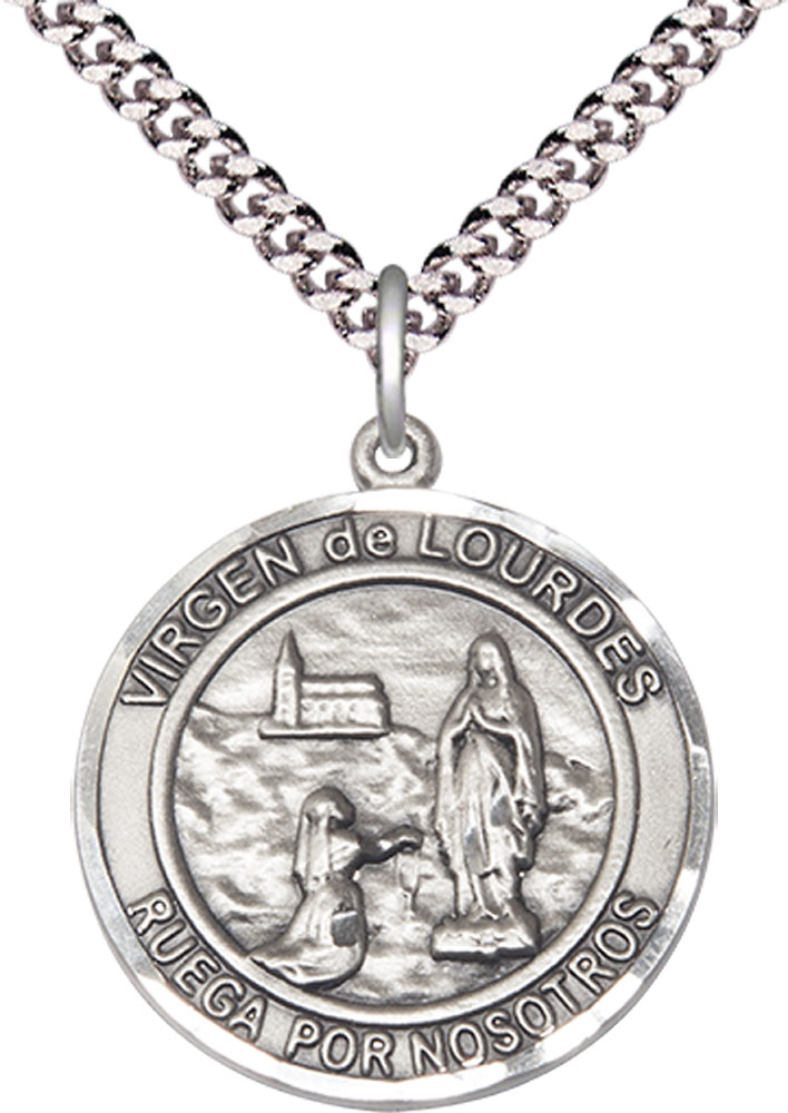 Sterling Silver Virgen de Lourdes Pendant on a 24 inch Light Rhodium Heavy Curb chain