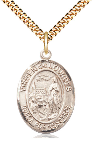 14kt Gold Filled Virgen de Lourdes Pendant on a 24 inch Gold Plate Heavy Curb chain