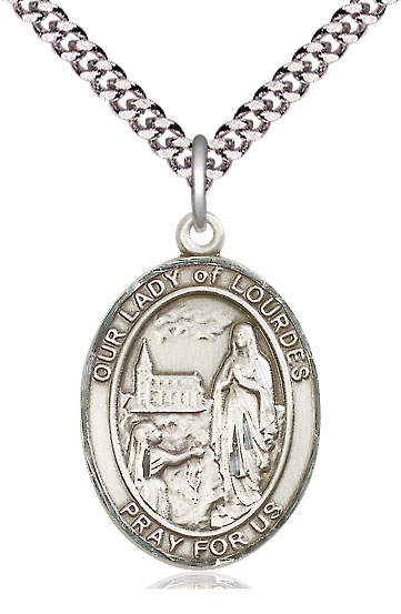 Sterling Silver Our Lady of Lourdes Pendant on a 24 inch Light Rhodium Heavy Curb chain