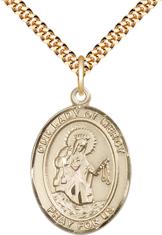 14kt Gold Filled Our Lady of Mercy Pendant on a 24 inch Gold Plate Heavy Curb chain