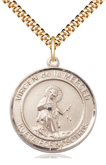 14kt Gold Filled Virgen de la Merce Pendant on a 24 inch Gold Plate Heavy Curb chain