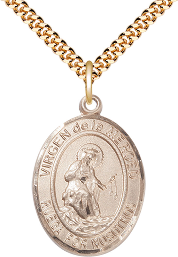 14kt Gold Filled Virgen de la Merced Pendant on a 24 inch Gold Plate Heavy Curb chain