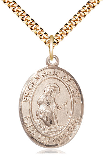 14kt Gold Filled Virgen de la Merced Pendant on a 24 inch Gold Plate Heavy Curb chain